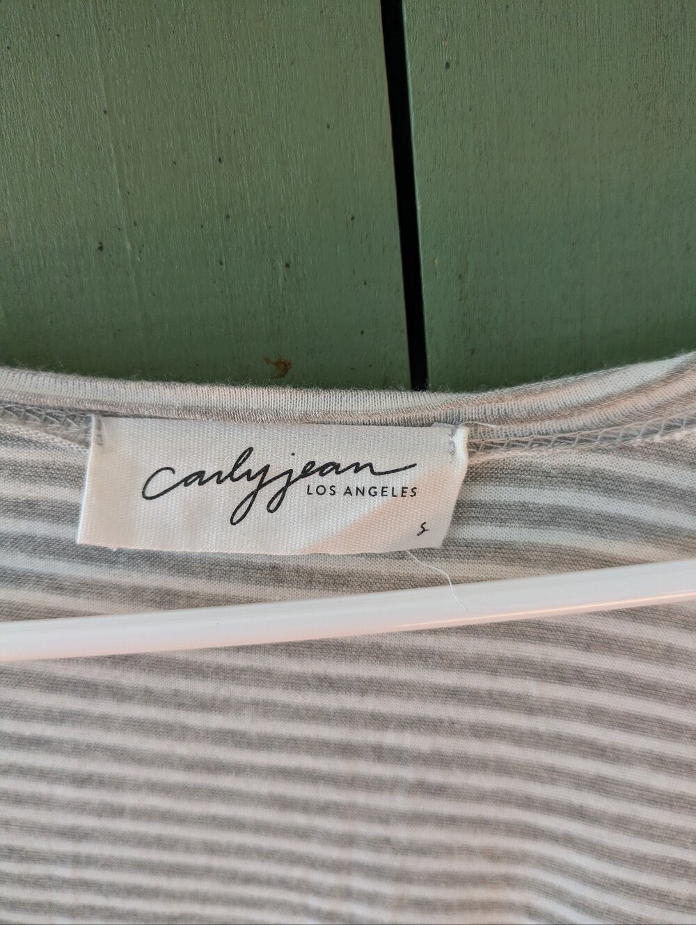 Carly Jean Los Angeles Light Gray and White Striped Crew Open Cardigan